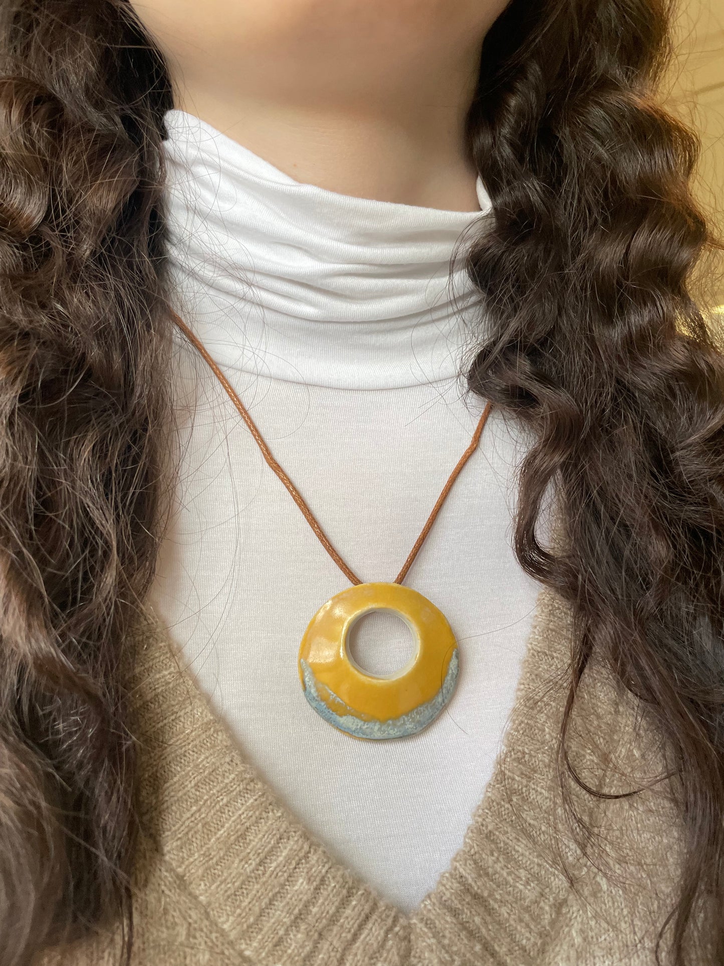 Round Pendant Necklace in Marigold and Royal Blue