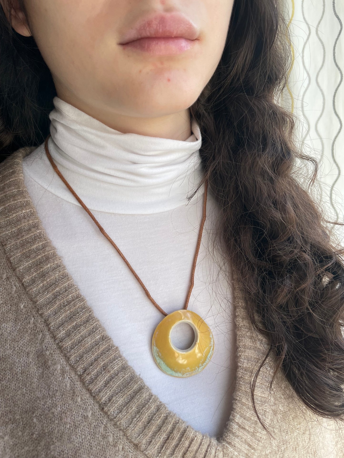 Round Pendant Necklace in Marigold and Pale Blue