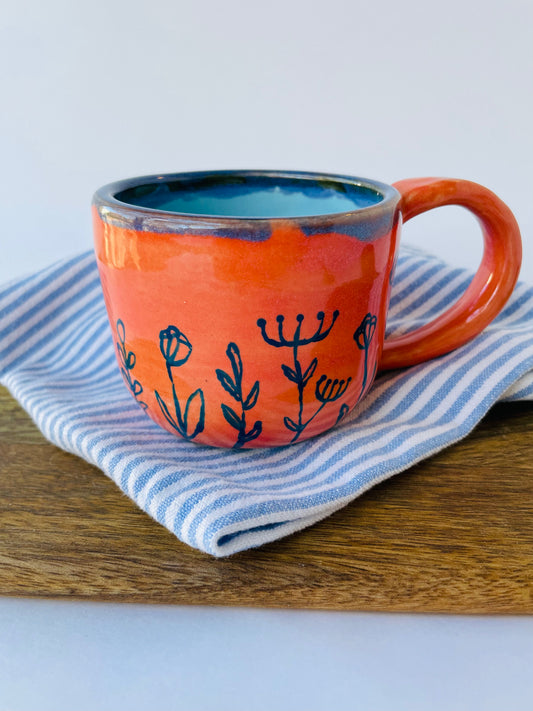 Coral Mug with Blue Flowers