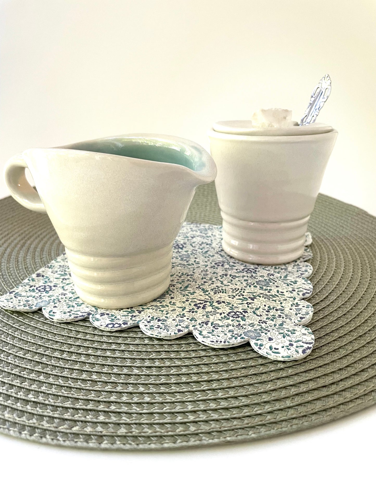 White and Celadon Sugar Bowl and Creamer