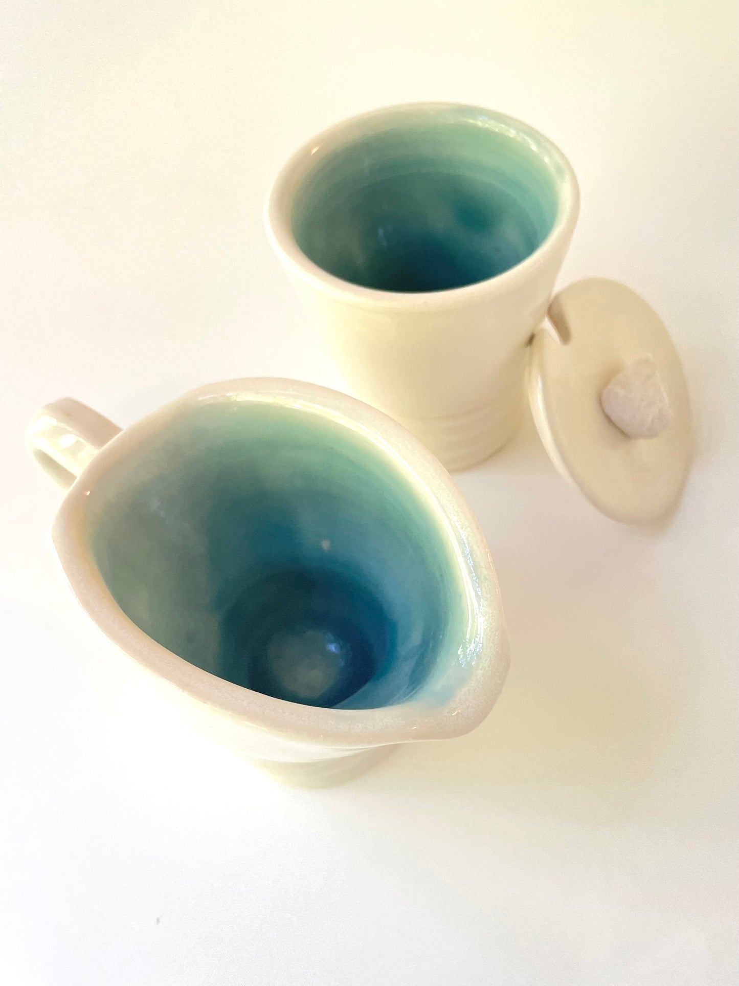 White and Celadon Sugar Bowl and Creamer