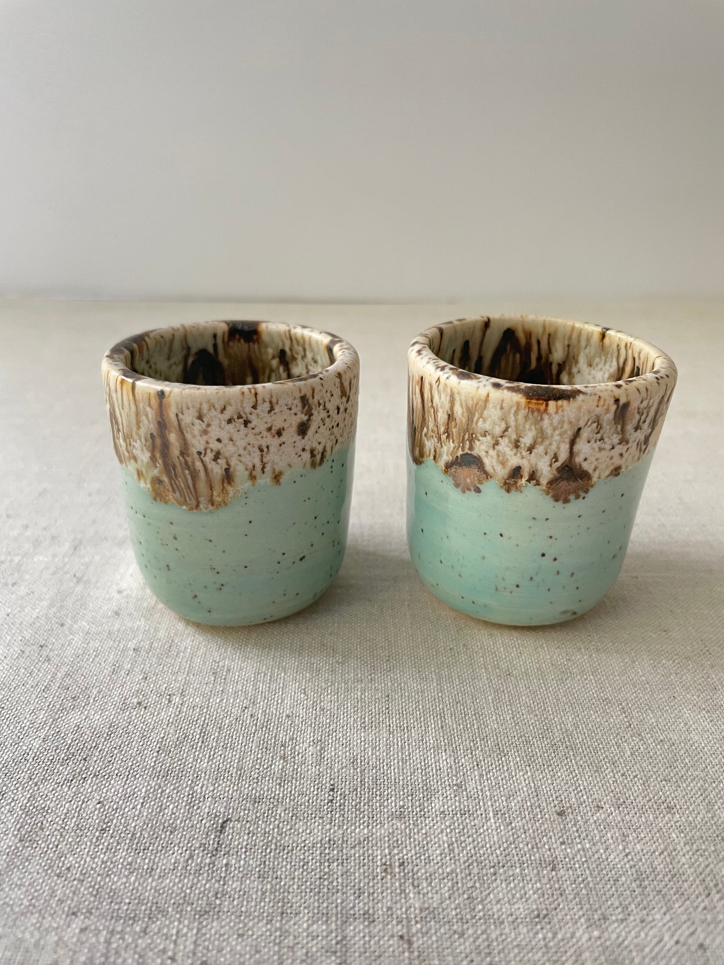 Blue and Birch Espresso Cups, Speckled Clay, Set of 2