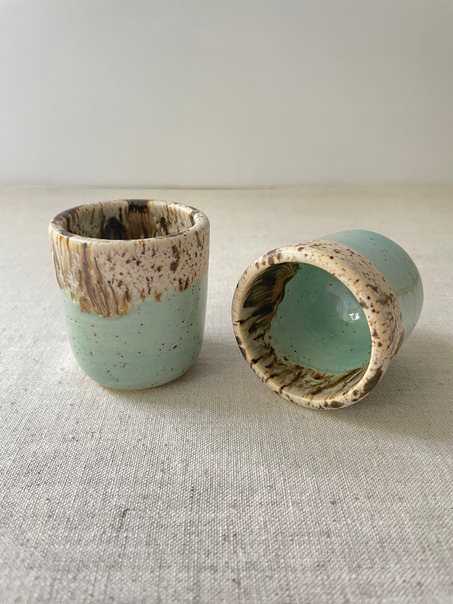 Blue and Birch Espresso Cups, Speckled Clay, Set of 2