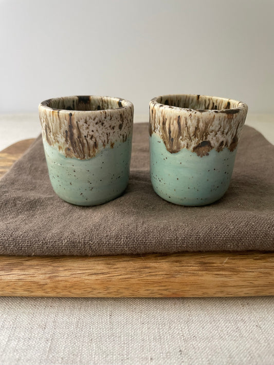 Blue and Birch Espresso Cups, Speckled Clay, Set of 2